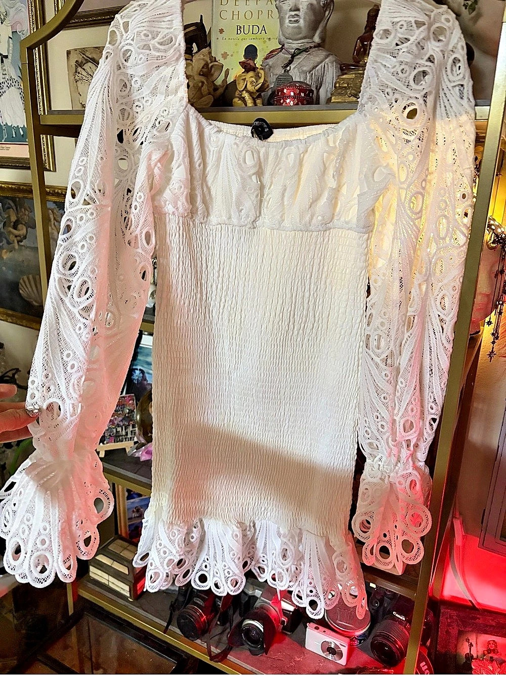 PrettyLittleThing White Lace Sleeve Blouse Size Medium NWT